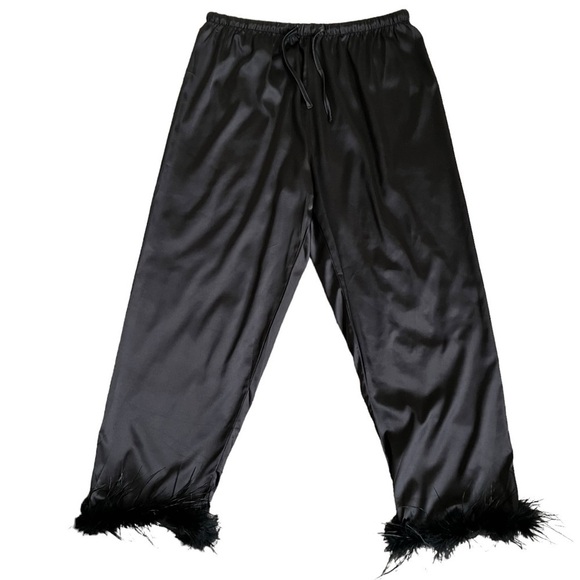 Feather Trimmed Black Satin Pajama Pants Bottoms Elastic Waist Drawstring Sz M - Picture 10 of 16